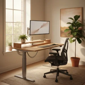 Modern ingerichte ergonomische werkplek met zit-sta bureau en monitor op ooghoogte.