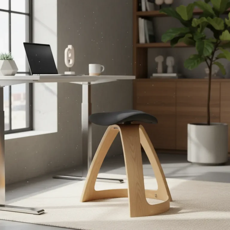 De ergonomische Varier Move wiebelkruk in een modern thuiskantoor voor actief zitten