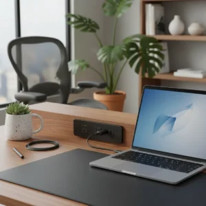 Een moderne zwarte stroommodule met USB-C poorten bevestigd aan een houten zit-sta bureau.