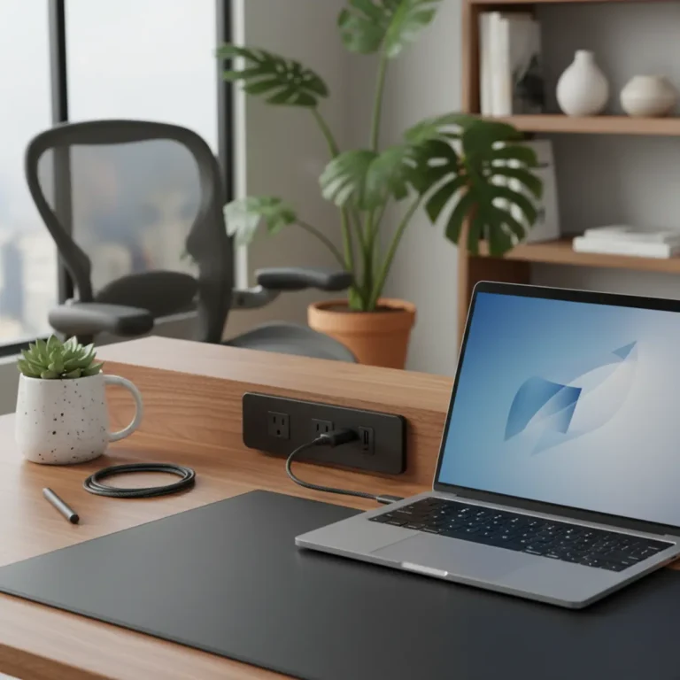 Een moderne zwarte stroommodule met USB-C poorten bevestigd aan een houten zit-sta bureau.