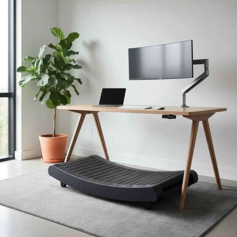 TrueForm Walking Desk curved manual treadmill onder een sta bureau in een moderne kantooromgeving