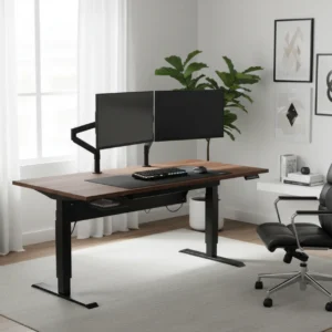 Eureka Ergonomic E-60 elektrisch zit-sta bureau in een moderne thuiswerkplek met dual monitor setup.