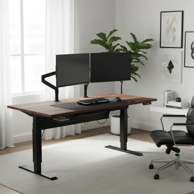 Eureka Ergonomic E-60 elektrisch zit-sta bureau in een moderne thuiswerkplek met dual monitor setup.
