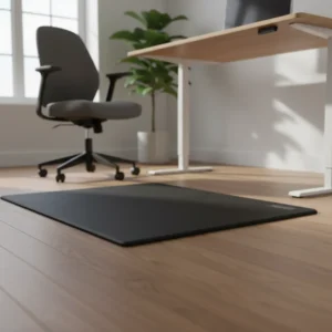 Zwarte iMovR EverMat ergonomische sta-mat in een moderne thuiswerkplek.