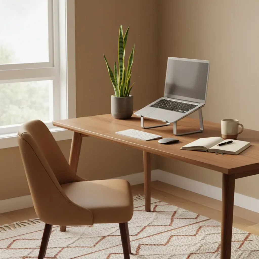 Stijlvolle en ergonomische thuiswerkplek met laptopstandaard als cadeau voor hybride werkers