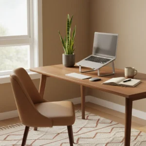 Stijlvolle en ergonomische thuiswerkplek met laptopstandaard als cadeau voor hybride werkers