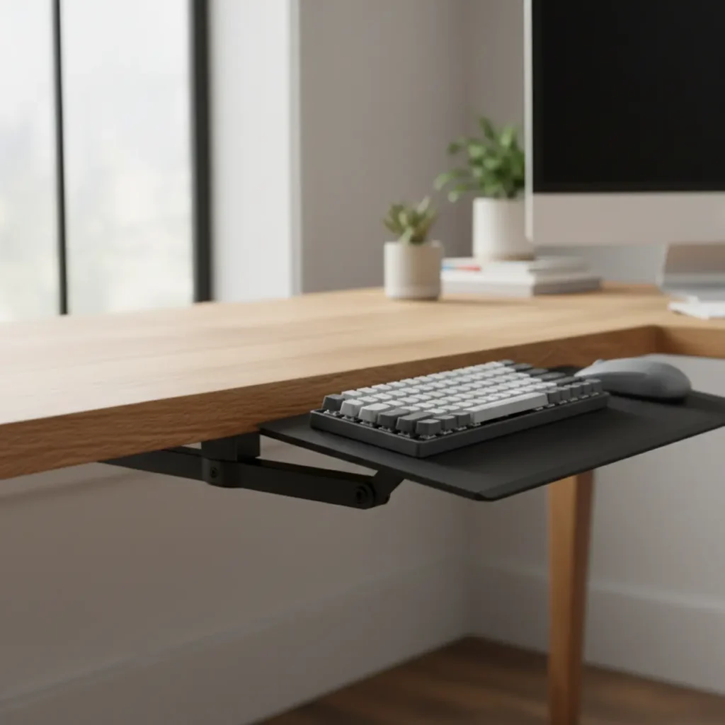 3M AKT60LE verstelbare toetsenbordhouder gemonteerd onder een houten bureau
