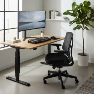 Een modern thuiskantoor met een correct ingerichte ergonomische werkplek en zit-sta bureau