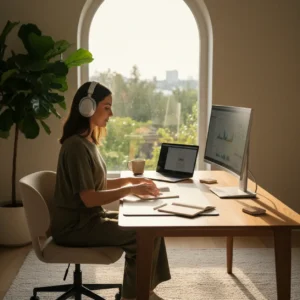 Thuiswerker met koptelefoon luistert naar een audioboek voor productiviteit
