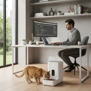 Kat eet uit slimme voerautomaat voor natvoer in rustig thuiskantoor