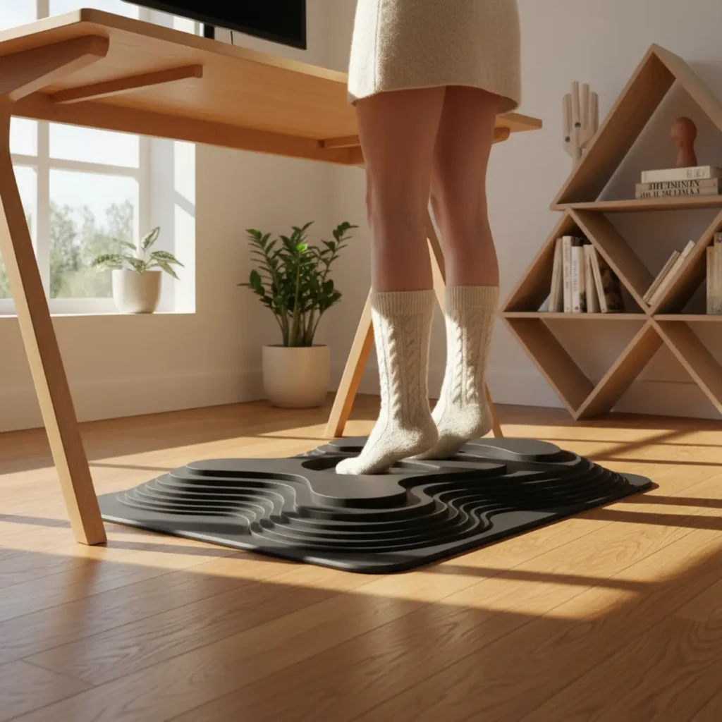 Voeten op een Vari ActiveMat onder een sta-bureau voor ergonomisch en actief staan.