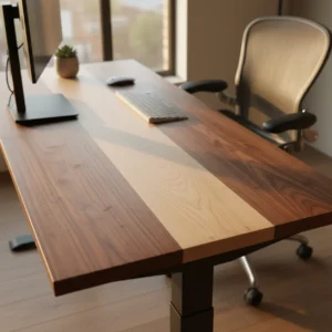 Close-up van diverse massief houten bureaubladen voor een ergonomisch sta-bureau.
