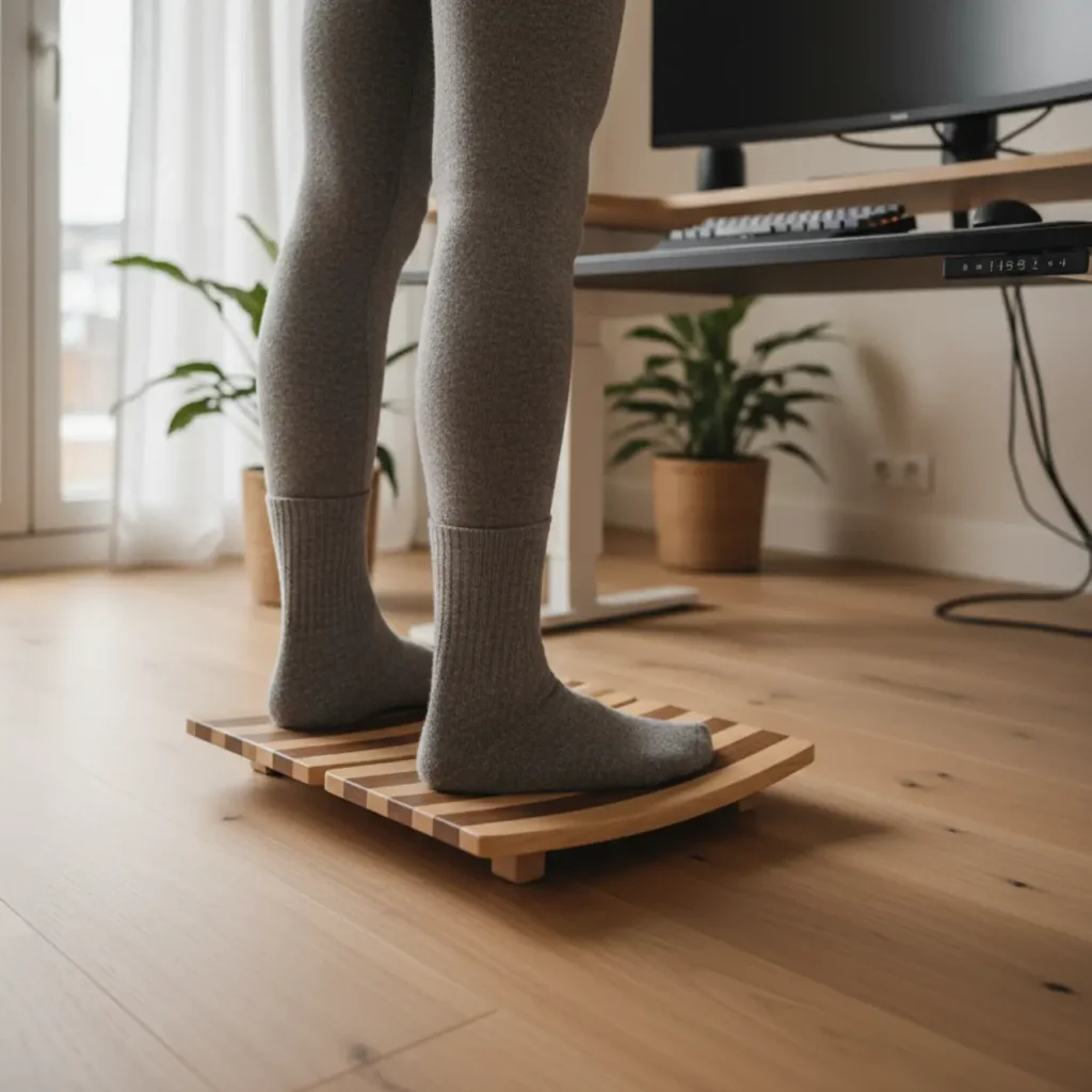Movemate active standing board in gebruik voor ergonomisch werken onder een sta-bureau