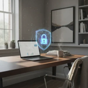 Moderne thuiswerkplek met laptop en digitale beveiliging tegen nieuwe VPN trends en quantum bedreigingen.