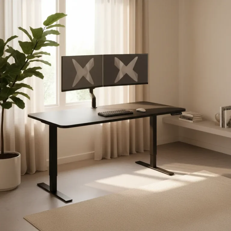 Zwart Stand Up Desk Store corner standing desk in een modern thuiskantoor