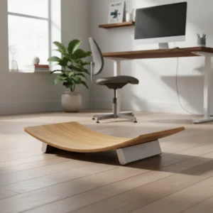 Close-up van een bamboe Fully Floatdeck balansbord in een modern thuiskantoor