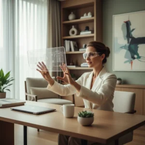 Thuiswerker met smart glasses die fysieke monitor vervangt in modern thuiskantoor.