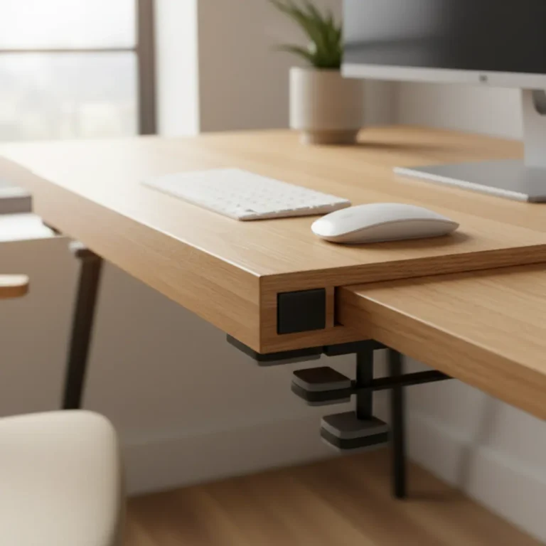 Stand Steady clamp-on keyboard tray gemonteerd aan een bureau voor een ergonomische werkhouding