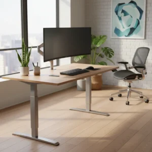 Modern ingericht thuiskantoor met een ergonomische werkplek en zit-sta bureau