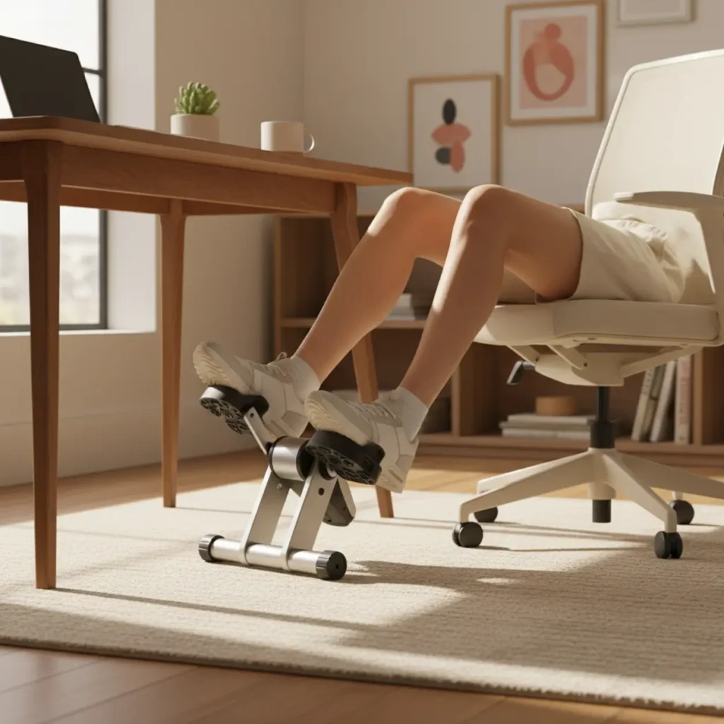 De Stamina InStride Folding Cycle stoelfiets geplaatst onder een bureau in een thuiskantoor.