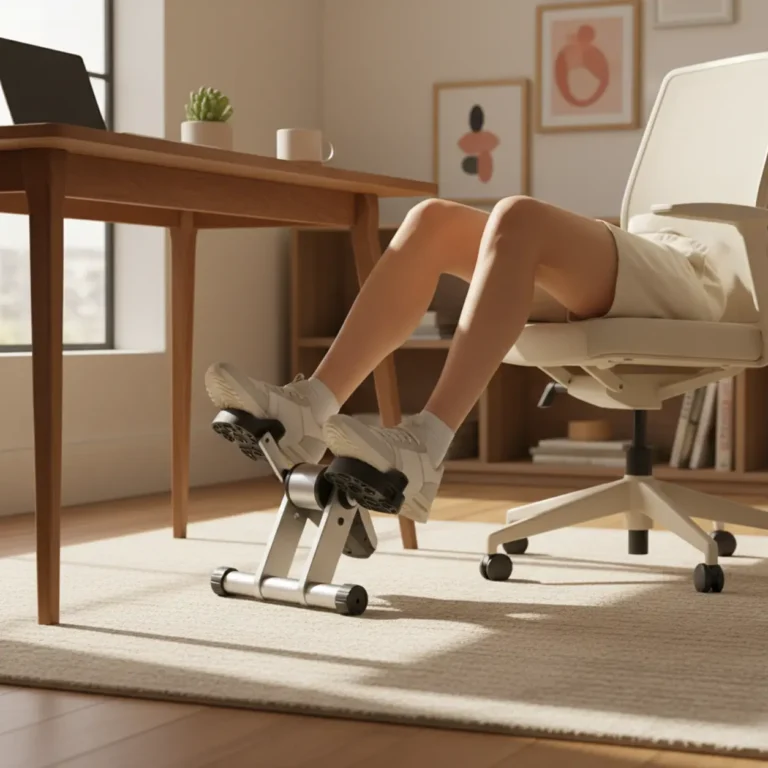 De Stamina InStride Folding Cycle stoelfiets geplaatst onder een bureau in een thuiskantoor.