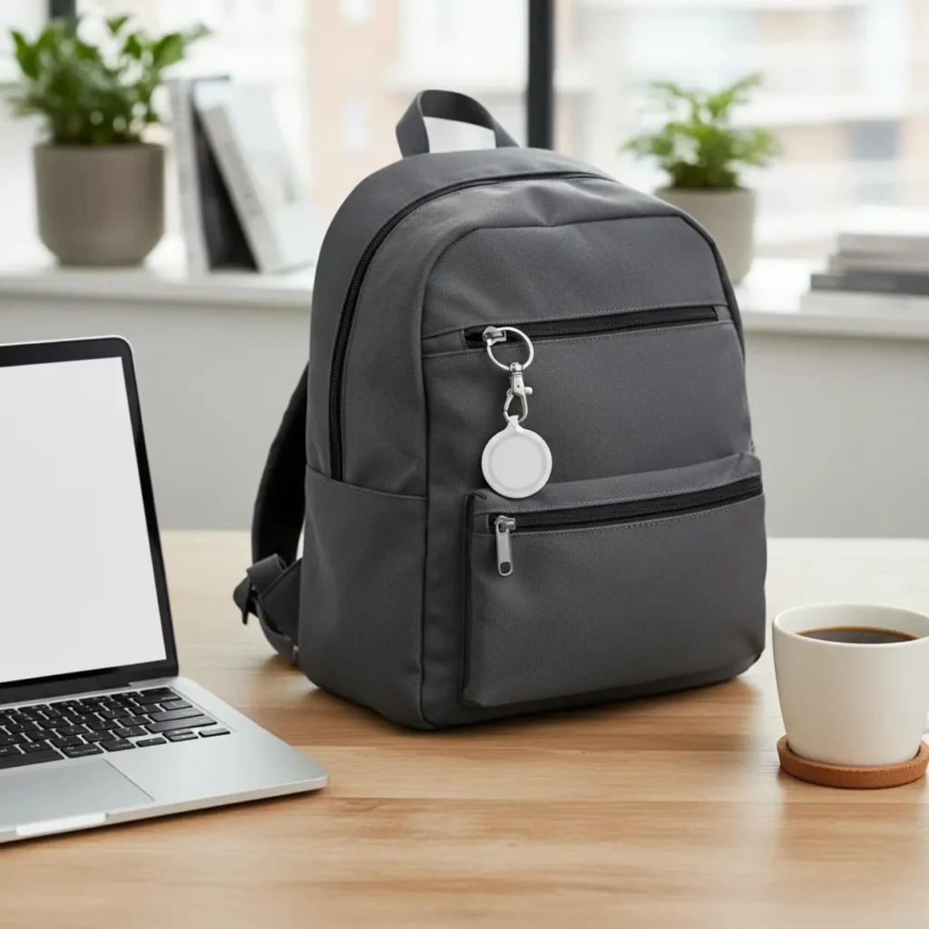 Apple AirTag aan laptoptas in een modern thuiskantoor