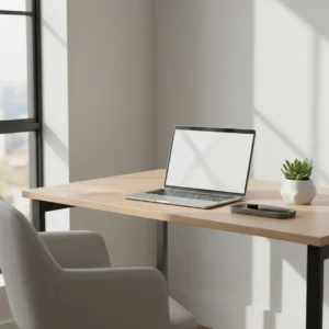Een opgeruimd en minimalistisch thuiskantoor met een schoon bureau voor betere focus en rust.