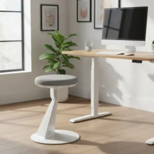 iMovR Energy Stool ergonomische wiebelkruk bij een sta-bureau in een thuiswerkplek
