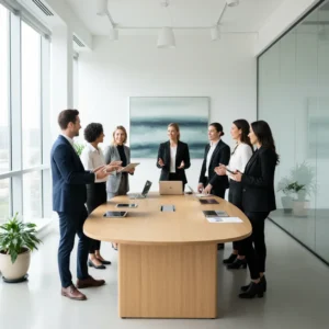 Collega's tijdens een productief staand overleg aan de iMovR Synapse verstelbare vergadertafel.