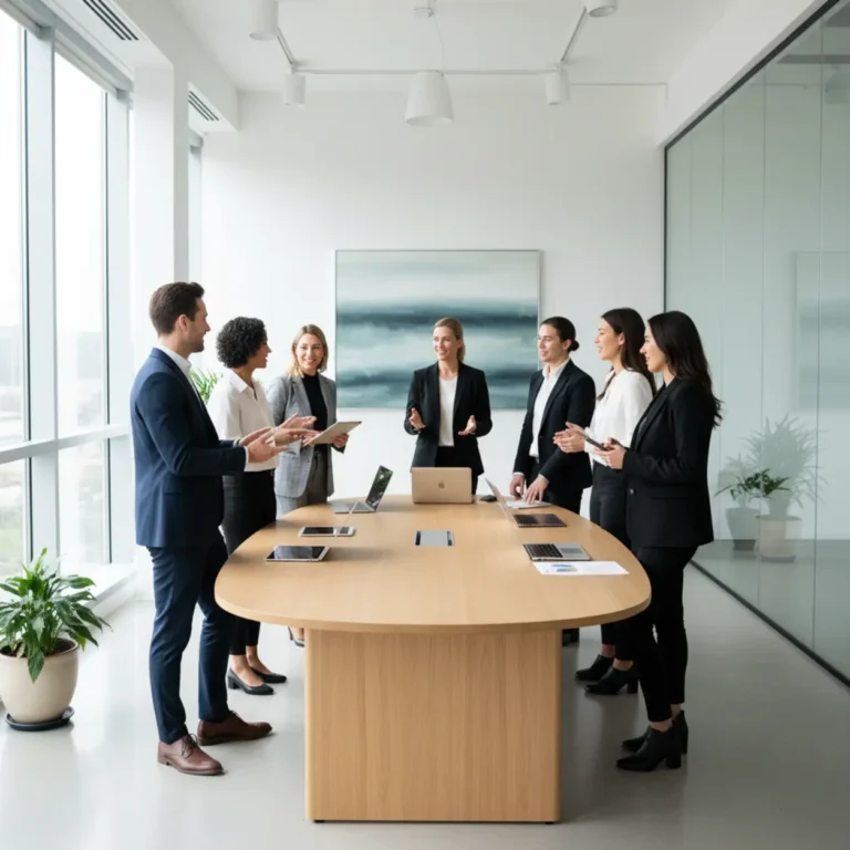 Collega's tijdens een productief staand overleg aan de iMovR Synapse verstelbare vergadertafel.