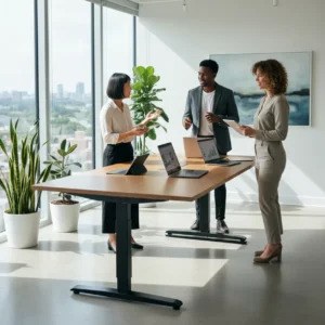 Collega's tijdens een actieve staande vergadering aan een elektrische zit-sta vergadertafel