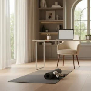 Thuiswerkplek met yoga mat en massage gun ter illustratie van het belang van rustdagen.