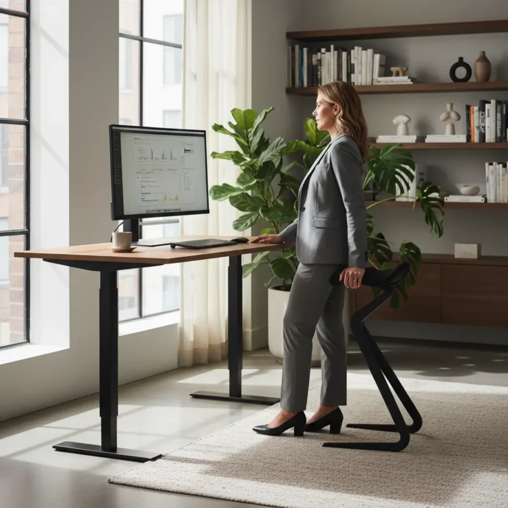 Thuiswerker in actieve houding op een Focal Mobis ergonomische leunkruk aan een zit-sta bureau.