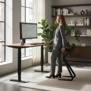 Thuiswerker in actieve houding op een Focal Mobis ergonomische leunkruk aan een zit-sta bureau.