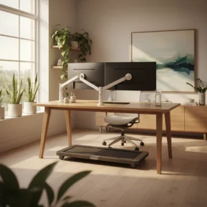 Een sta-bureau met loopband in een modern thuiskantoor als beter alternatief voor de TreadDesk Treadmill Base.