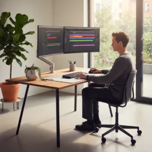 Thuiswerker gebruikt Adobe Premiere AI tools voor snellere videomontage op een ergonomische werkplek.