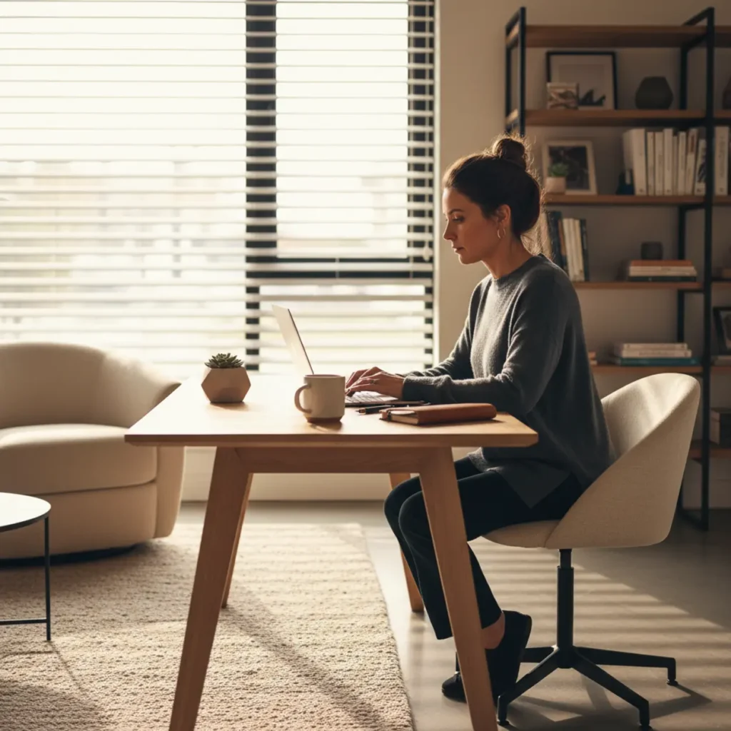 Veilige thuiswerkplek in 2026 waar een professional werkt met VPN beveiliging.