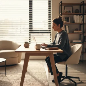 Veilige thuiswerkplek in 2026 waar een professional werkt met VPN beveiliging.