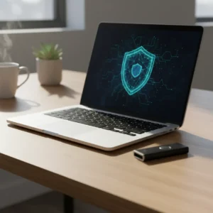 Een veilige thuiswerkplek met een laptop die is beschermd door grootzakelijke beveiliging en enterprise security software.