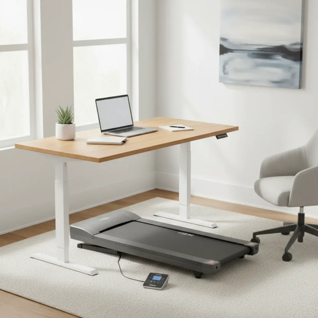 LifeSpan TR1200-DT3 wandelbureau onder een sta-bureau in een moderne thuiswerkplek.