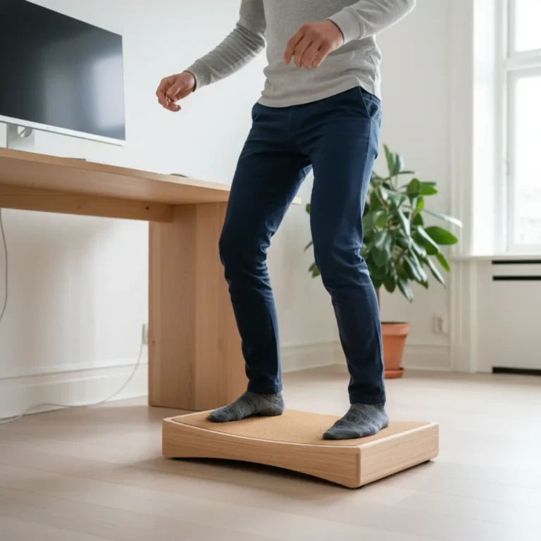 Ergonomisch balansbord onder een sta-bureau voor actief werken