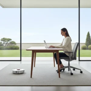 Modern thuiskantoor met robotstofzuiger als slimme technologie voor meer focus tijdens het thuiswerken.