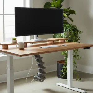 Netjes weggewerkte kabels met een kabelketting onder een modern zit-sta bureau.