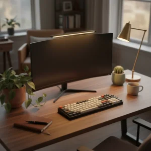 Een inspirerende cozy desk setup met houten bureau, planten en sfeerverlichting