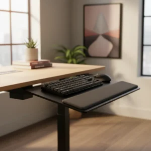 Ergonomische iMovR Trackless keyboard tray gemonteerd onder een elektrisch zit-sta bureau.