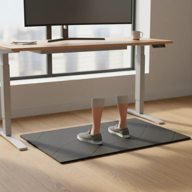 Zwarte Varidesk The Mat anti-vermoeidheidsmat in een modern ergonomisch thuiskantoor.