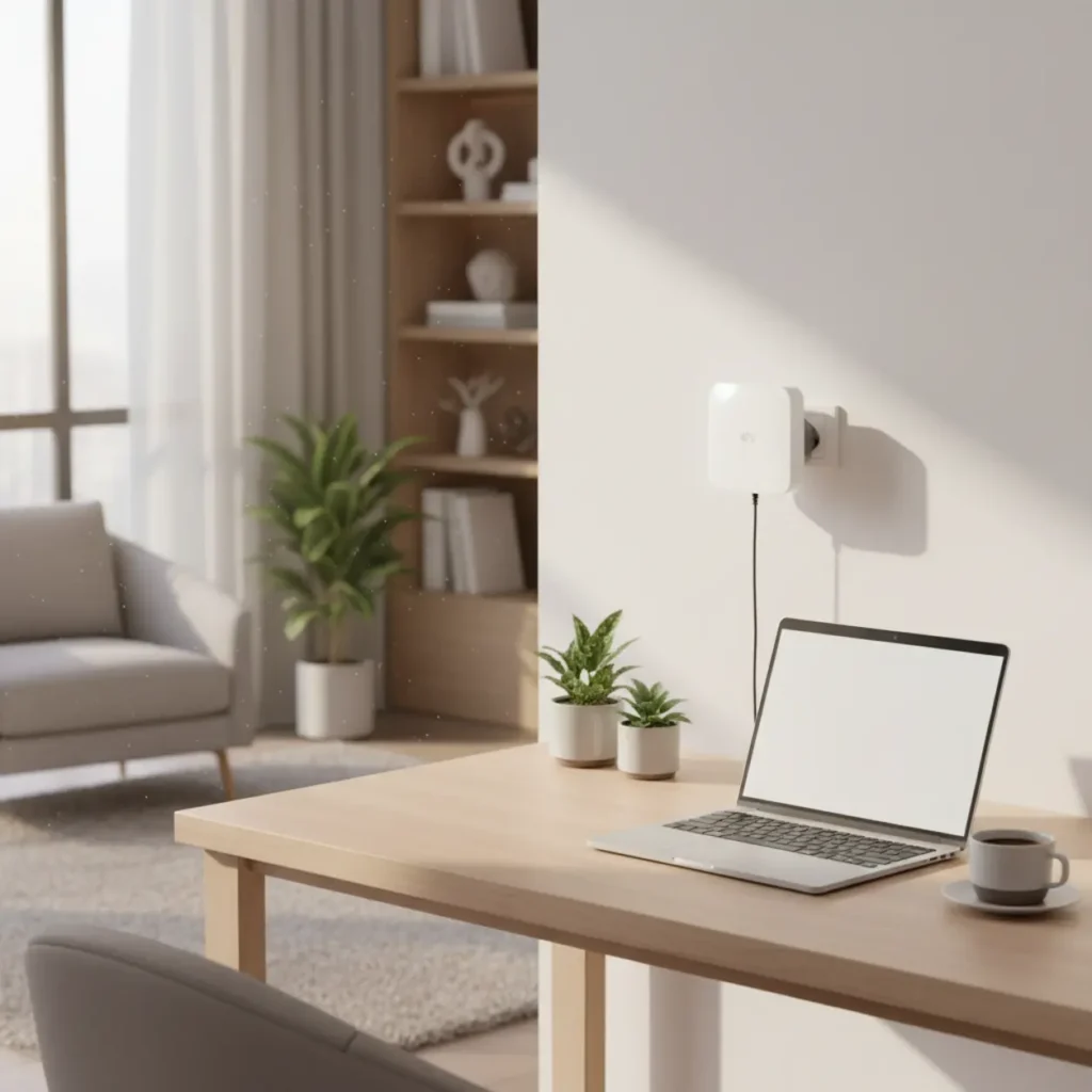 De Asus RP-AX58 wifi extender in het stopcontact bij een moderne thuiswerkplek.