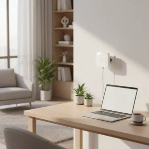 De Asus RP-AX58 wifi extender in het stopcontact bij een moderne thuiswerkplek.