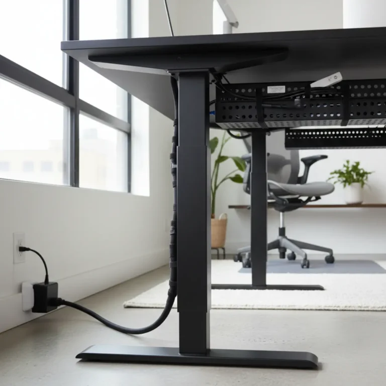 Een ergonomisch sta-bureau met perfect weggewerkte kabels en kabelmanagement oplossingen