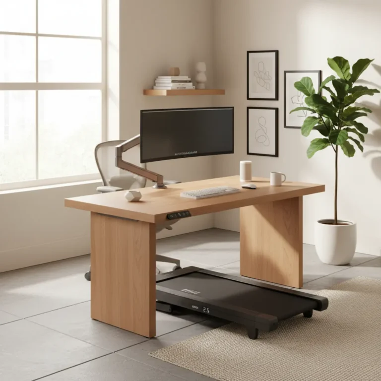 Luxe iMovR sta-bureau met loopband in een modern en ergonomisch thuiskantoor